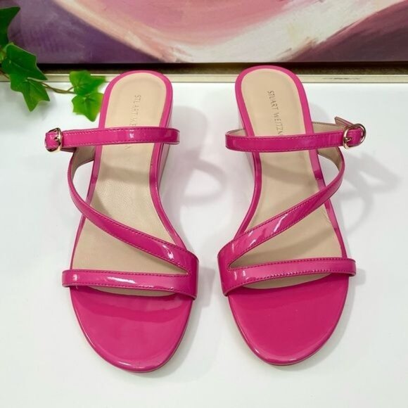 NWOB Stuart Weitzman Align Ii Buckle Patent Wedge Sandal in Pink Size 6 - Picture 7 of 11